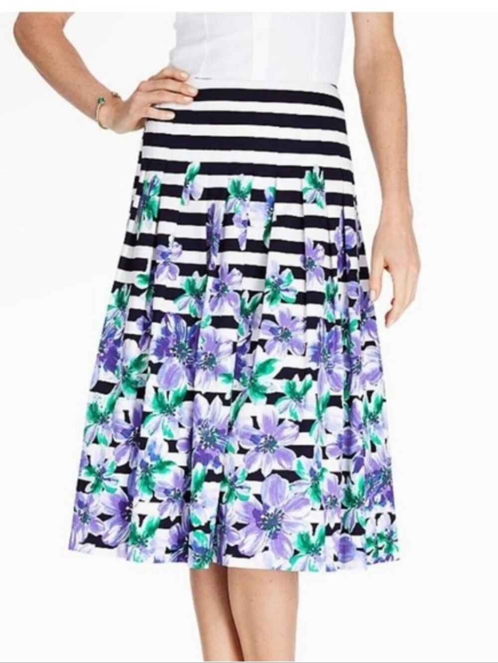 Talbots Purple Striped Pleated Skirt Womens Floral Stretch Black White Midi 14
